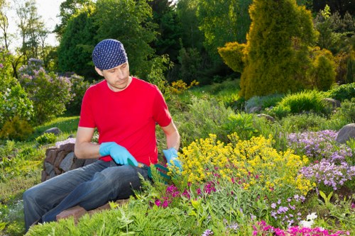 Canvas of a safe, insured gardening team finishing a job